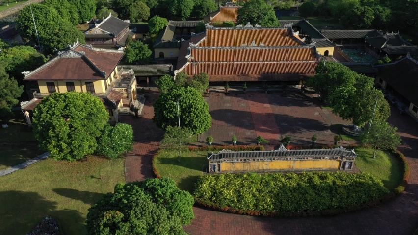 Aerial view of the Hue Citadel in Vietnam. Imperial Palace moat ,Emperor palace complex, Hue city, Vietnam. Travel and landscape concept