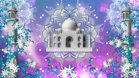 Beautiful Abstract colourful taj mahal with flower and vines visualization with bokeh glitter particle. Modern background. Digital Art. Computer animation. Seamless. motion design. Loopable. LED. HD