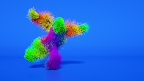 Funny hairy multicolored monster man character dancing . Furry beast having dancing, fur bright funny fluffy character, snowman, seamless motion design.