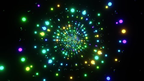 Animation of flying colorful neon balls in space. Bloom