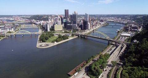 PITTSBURGH, PENNSYLVANIA - OCTOBER 20, 2019: Aerial view of Pittsburgh, Pennsylvania. Daytime with business district and rivers in background