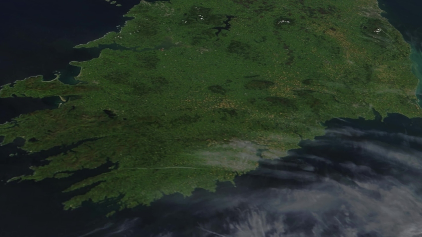 The country of Ireland view from space from a satellite animation. Contains public domain image by NASA.