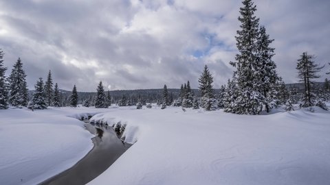 Beautiful Jizera Mountains in winter. Time lapse of the Czech Republic. Beautiful winter nature