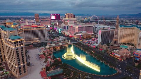 Las Vegas, JAN 26, 2021 - Twilight high angle view of the Strip cityscape