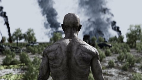 Zombie in a burning ruined apocalyptic city. Armageddon view. Zombie apocalypsis. Realistic 4k animation.
