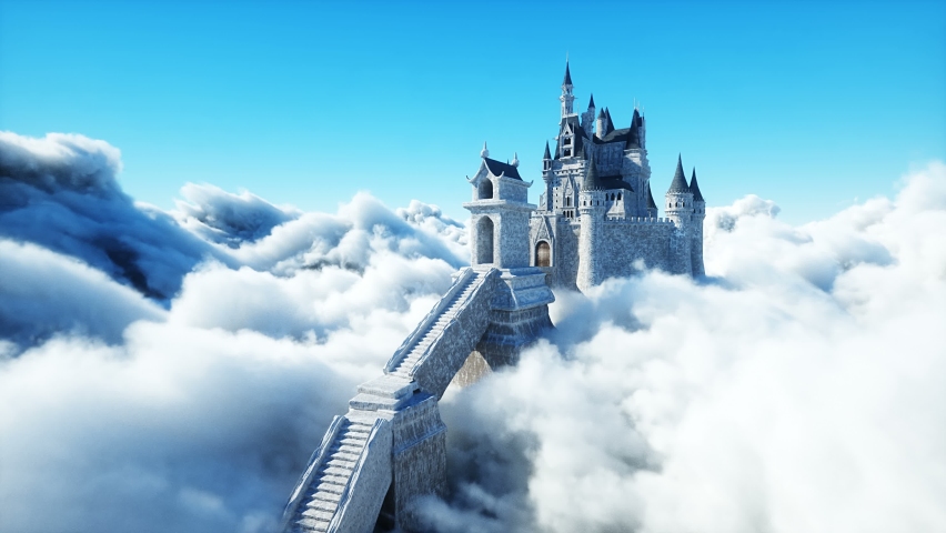 Fairytale palace in clouds. Aerial view. Flying in clouds Realistic 4k animation