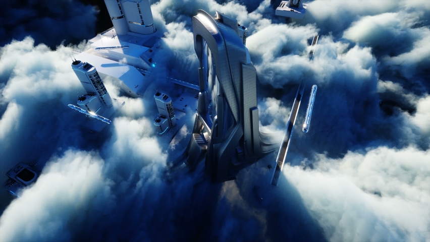 Futuristic sci fi city in clouds. Utopia. concept of the future. Flying passenger transport. Aerial fantastic view. Realistic 4k animation. Royalty-Free Stock Footage #1066744480