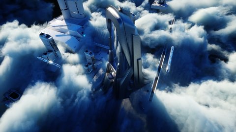 Futuristic sci fi city in clouds. Utopia. concept of the future. Flying passenger transport. Aerial fantastic view. Realistic 4k animation.