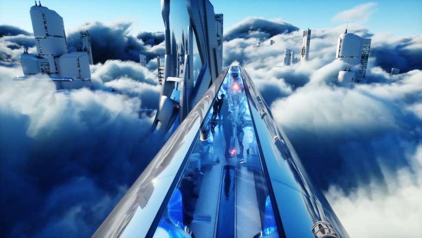 Flying passenger train. Futuristic sci fi city in clouds. Utopia. concept of the future. Aerial fantastic view. Realistic 4k animation. | Shutterstock HD Video #1066744501