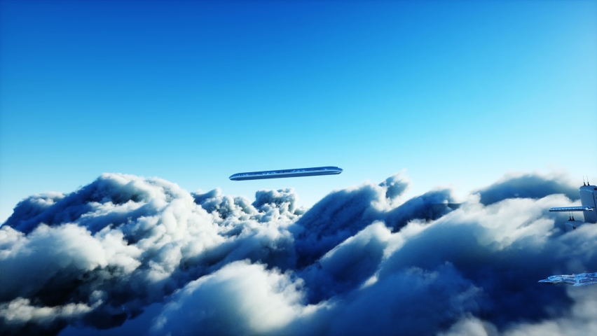 Flying passenger train. Futuristic sci fi city in clouds. Utopia. concept of the future. Aerial fantastic view. Realistic 4k animation.