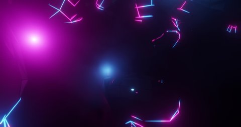 Video Game Flyby race retro asteroid field. Virtual Reality space world in a block, cube effect. Fast motion with purple, pink and blue lights racing along a digital landscape. 3D render, 4K loop