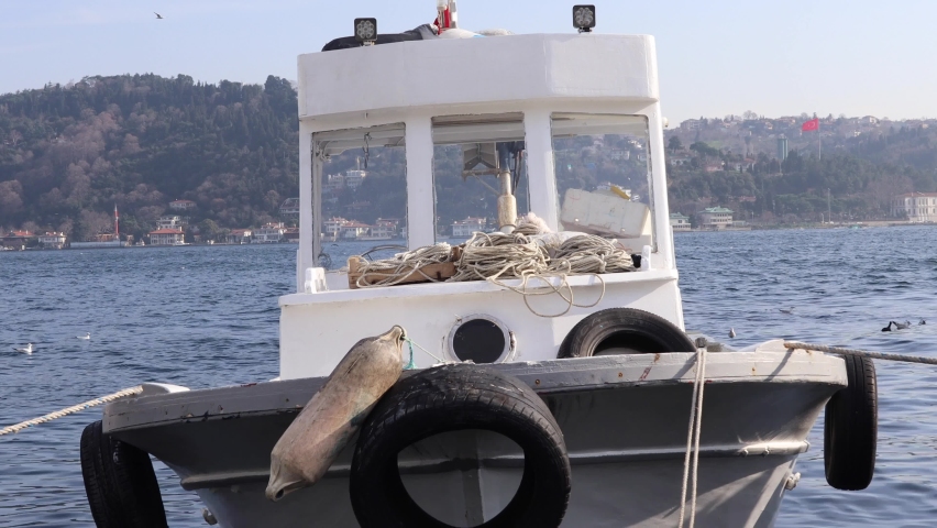 Fishing Boat In Bosporus Moored In Pier With Seagulls And Cormorant Bird Swimming On Water In Background In Istanbul, Turkey. - static shot