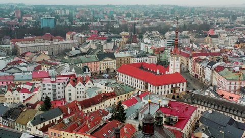 Olomouc city in Czech Republic - Beautiful panoramic aerial view by drone. Olomouc Main Square, Town Hall with Astronomic clock and Holy Trinity Column the Unesco world heritage.