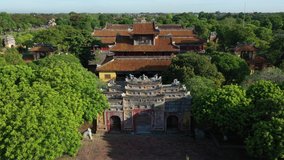 Aerial view of the Hue Citadel in Vietnam. Imperial Palace moat ,Emperor palace complex, Hue city, Vietnam. Travel and landscape concept