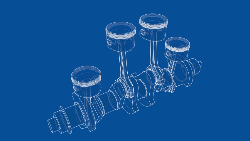 Animation of crankshaft and four pistons. Wire-frame or blueprint style. Seamless looped 4k video