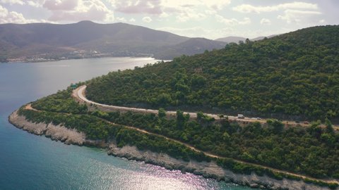 Aerial view of road on the mountains beside Mediterranean Sea, Bodrum, Turkey.