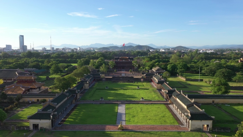 Aerial view of the Hue Citadel in Vietnam. Imperial Palace moat ,Emperor palace complex, Hue city, Vietnam. 