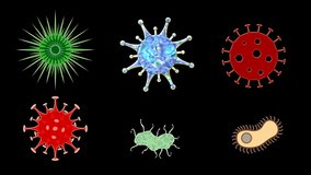 Viruses and bacteria circle and move against a black background. Animated 4K video, illustration. 