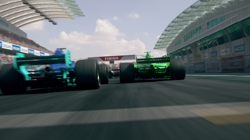 Dynamic high angle drone shot of camera passing several generic formula one race cars racing along the homestretch over the finish line – realistic high quality 3d animation
 | Shutterstock HD Video #1066759780