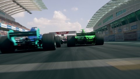 Dynamic high angle drone shot of camera passing several generic formula one race cars racing along the homestretch over the finish line – realistic high quality 3d animation
