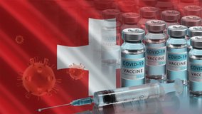 Switzerland to launch COVID-19 vaccination campaign. Coronavirus vaccine vials, Covid 19 cells and flag of Switzerland. Fighting the epidemic. Research and creation of vaccine. Seamless loop video.