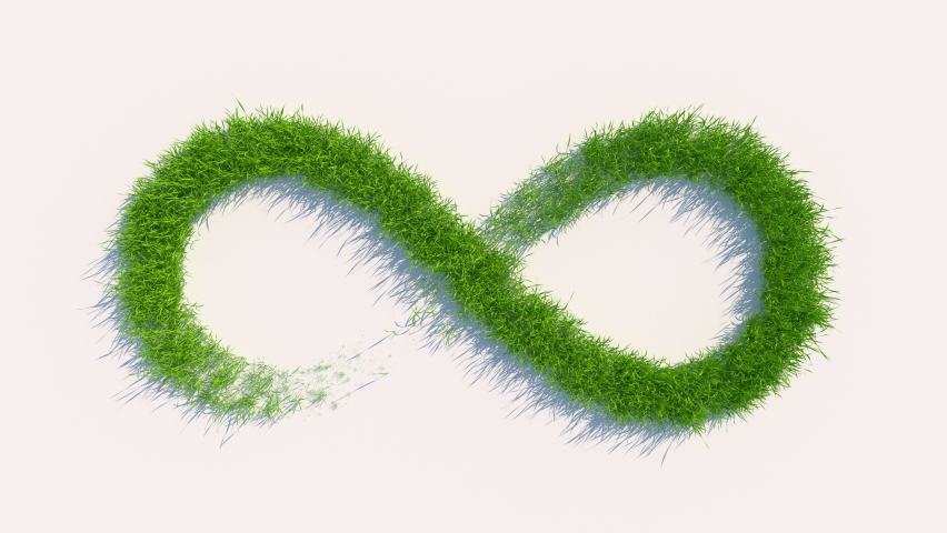 The infinity sign is made of green grass. Come and go, fresh leaves on a light background, contain an alpha channel.