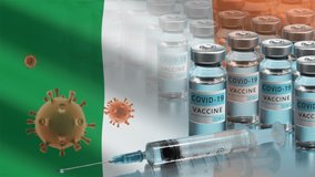 Ireland to launch COVID-19 vaccination campaign. Coronavirus vaccine vials, Covid 19 cells and flag of Ireland. Fighting the epidemic. Research and creation of a vaccine. Seamless loop video.