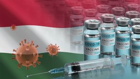 Hungary to launch COVID-19 vaccination campaign. Coronavirus vaccine vials, Covid 19 cells and flag of Hungary. Fighting the epidemic. Research and creation of a vaccine. Seamless loop video.