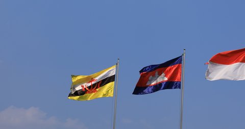 National Flags of ASEAN countries behind the sky in Ho Chi Minh panning. Ho Chi Minh Vietnam - 02.26.2020 ASEAN is a regional intergovernmental organization consisting of ten countries in Southeast