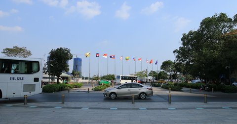 National Flags of ASEAN countries on the city street in Ho Chi Minh handheld wide shot. Ho Chi Minh Vietnam - 02.26.2020 ASEAN is a regional intergovernmental organization consisting of ten countries