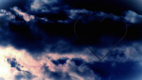 Animation of white neon heart flashing on cloudy blue sky. valentines day, love and romance concept, digitally generated video.