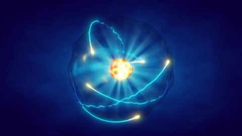 Single atom and its electron cloud. Quantum mechanics and atomic structure 3d animation render concept.