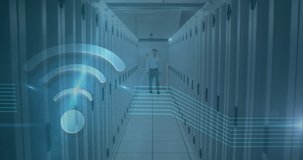 Animation of wifi icon over caucasian man working in a server room. digital interface global connections concept digitally generated video.