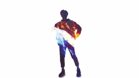 Double exposure dancer silhouette. Breakdance performance. Orange blue neon light glowing sparkling shape of guy enjoying energetic street style RNB movements isolated on white empty space background.
