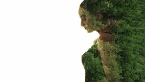 Double exposure silhouette. Nature harmony. Motivation inspiration. Beauty recreation. Aerial view of green forest trees animation in happy woman profile shape isolated on white copy space background. - Powered by Shutterstock - Get 15% off with code: PIKWIZARD15