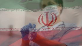 Animation of flag of iran with statistics and masked doctor putting on gloves. healthcare and protection during coronavirus covid 19 pandemic, digitally generated video. - Powered by Shutterstock - Get 15% off with code: PIKWIZARD15