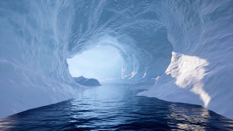 Traveling slowly through an ice cave and exiting the other side onto a beautiful ocean scene.