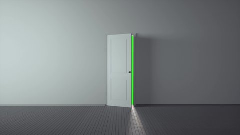 White classic design door opening to green screen, chroma key