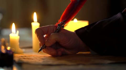 Cinematic Ancient Man Writing By Candle Light, Old Writing