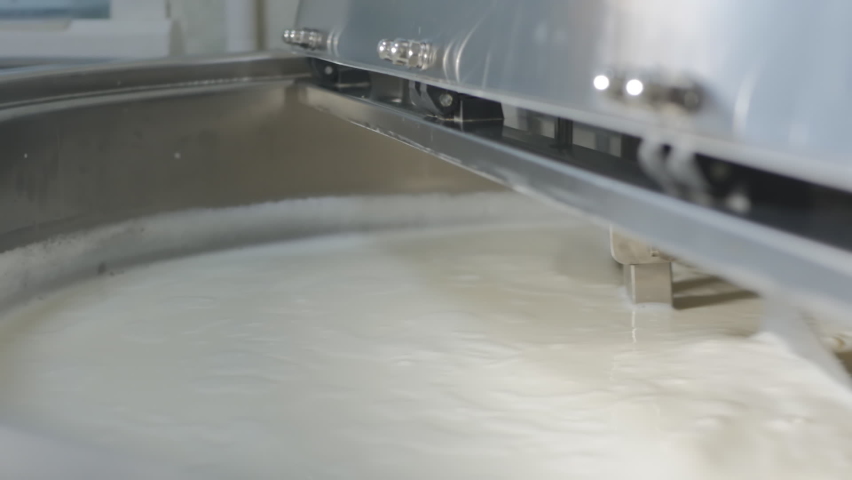 stirring milk in a cheese dairy with a special mixer in a large vat. Pasteurization and mixing of cheese milk. Cheese production in a small family cheese dairy Royalty-Free Stock Footage #1066800922