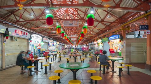 Singapore - February 2021: Singapore Hawker centre scene at Maxwell Food Centre.
