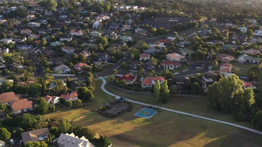 Aerial, drone footage filmed before sunset. Auckland