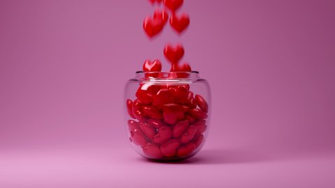 Red hearts falling in glass jar on the pink background in a concept of Valentine's day, love, for background wallpaper screen server. 3d rendering heart scene in 4K.