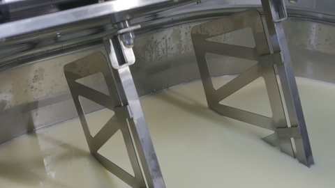 the cheese maker inserts large beaters into a special industrial mixer, lowers the automatic lid and turns on the yogurt stirring. Cheese production stage