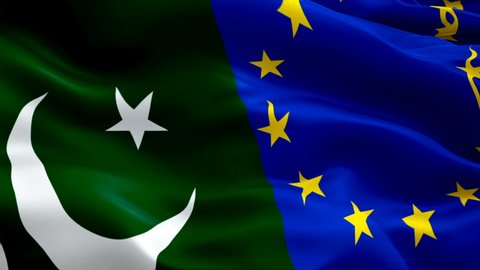 Europe and Pakistan Flag Wave Loop waving in wind. Realistic European Union vs Pakistani Flag background. EU Pakistani Flag Looping Closeup. Video of Euro sign waving. Euro and Pakistan flag Slow Mo