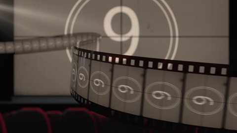 Film strip against cinema screen with old fashioned countdown movie and flicker of the projector light. Template of the premiere of a movie or a television program on a TV channel, loop 3d animation.