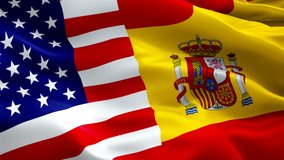 The USA and Spain Flag Wave Loop waving in wind. The realistic United States vs Spain Flag background. USA Spain Flag Looping Closeup. Video of American  sign. American and Spanish flag Slow Motion. US America.