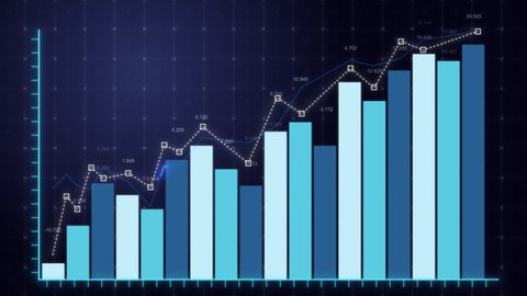 2D vector rising blue bar graph chart with up arrow. 2d and 3d animation, 60 FPS with Alpha matte.