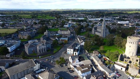Aerial view over Nenagh town which is the largest town in north Tipperary. Nenagh Castle is a great example of a medieval building from the 13th century. Nenagh Co. Tipperary, Ireland.
