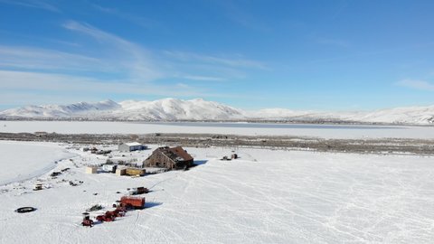 Aerial Fly Over Old Ranch in Cold Springs Nevada in Winter Snow - Drone
